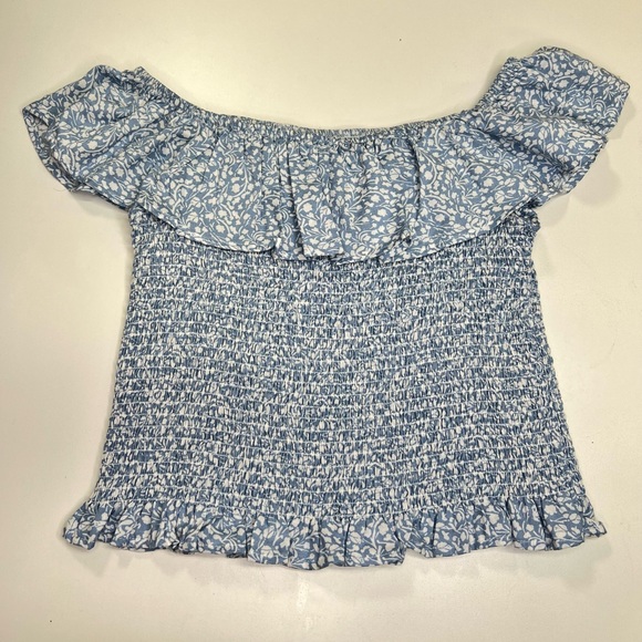 Miss Selfie Tops - Blue Smocked Ruffle Neckline Shirred Blouse Size Large By Miss Selfie